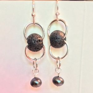 Black Freshwater Pearl and Black Lava Bead Sterling Silver Pierced Earrings